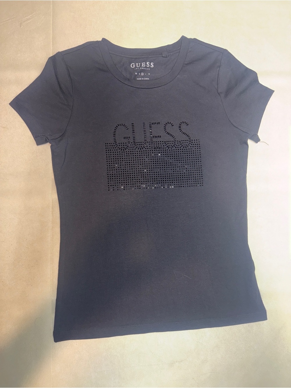 GUESS Black Short Sleeve Rhinestone Logo Tee